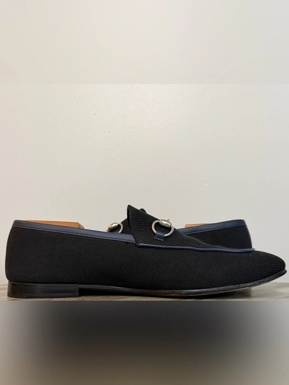 GUCCI BRIXTON Black Canvas Blue Leather Horsebit Loafer US 10.5 Gucci 10 Jordaan